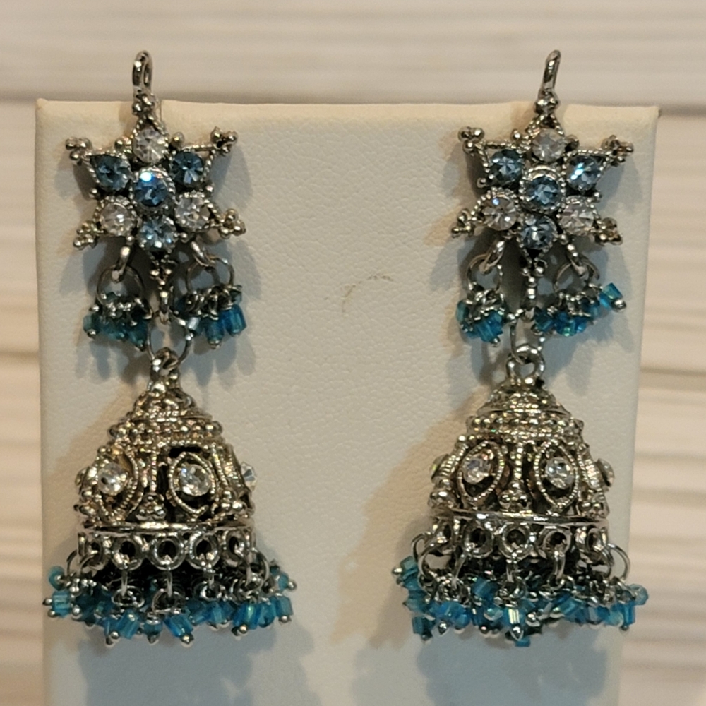 Vintage Blue Rhinestone Silver Tone Jhumka Style Chandelier Pierced Earrings